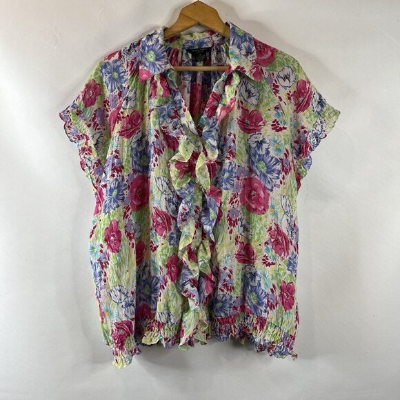 Sunny Taylor Womens Blouse Top Size 1X Multicolor Sheer Floral Button-Down - Picture 2 of 10